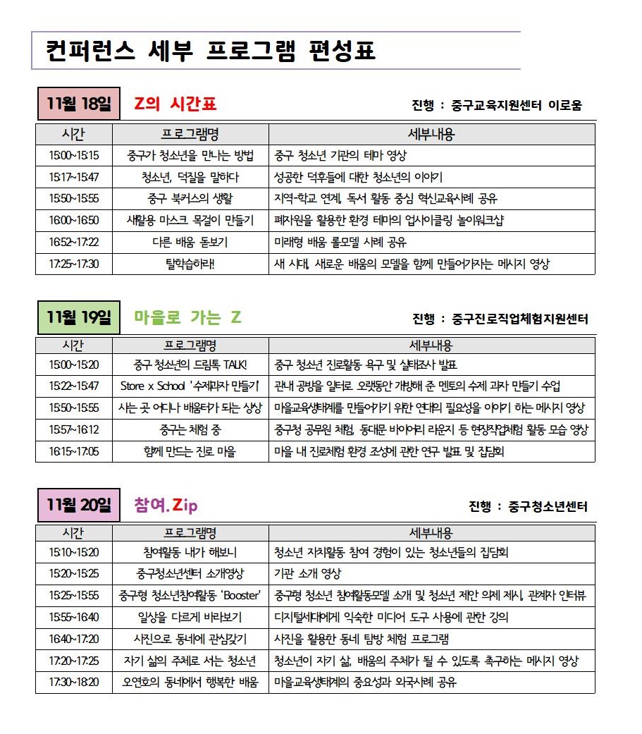 컨퍼런스 세부 프로그램 편성표11월 18일Z의 시간표  진행 : 중구교육지원센터 이로움 시간프로그램명세부내용중구가 청소년을 만나는 방법.중구 청소년 기관의 테마 영상.청소년, 덕질을 말하다.성공한 덕후들에 대한 청소년의 이야기