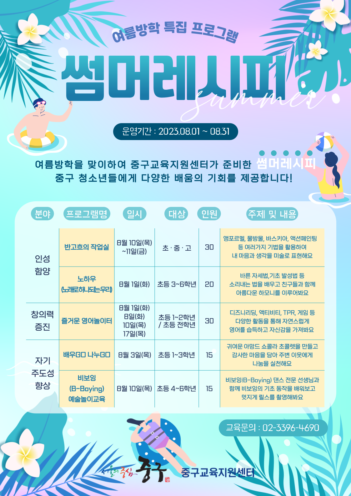 여름방학 특집 프로그램 썸머레시피 운영기간 : 2023.08.01 ~ 08.31 여름방학을 맞이하여 중구교육지원센터가 준비한 썸머레시피 중구 청소년들에게 다양한 배움의 기회를 제공합니다!  주제 및 내용  앵포르멜, 물방울, 바스키아, 액션페인팅 등 여러가지 기법을 활용하여 내 마음과 생각을 미술로 표현해요  바른 자세법,기초 발성법 등 소리내는 법을 배우고 친구들과 함께 아름다운 하모니를 이루어봐요  디즈니리딩, 액티비티, TPR, 게임 등 다양한 활동을 통해 자연스럽게 영어를 습득하고 자신감을 가져봐요  귀여운 아망드 쇼콜라 초콜렛을 만들고 감사한 마음을 담아 주변 이웃에게 나눔을 실천해요  비보잉(B-Boying) 댄스 전문 선생님과 함께 비보잉의 기초 동작을 배워보고 멋지게 릴스를 촬영해봐요  교육문의 : 02-3396-4690