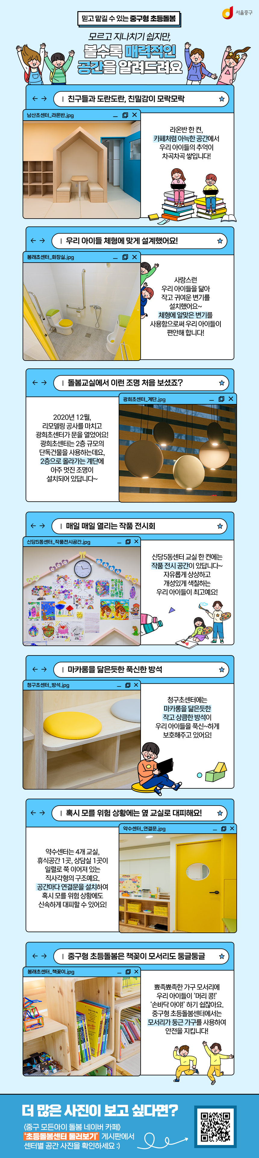 

믿고 맡길 수 있는 중구형 초등돌봄
모르고 지나치기 쉽지만, 볼수록 매력적인 공간을 알려드려요

친구들과 도란도란, 친밀감이 모락모락
남산초센터_라온반 이미지
라온반 한 켠, 카페처럼 아늑한 공간에서 우리 아이들의 추억이 차곡차곡 쌓입니다!

우리 아이들 체형에 맞게 설계했어요!
봉래초센터_화장실 이미지
사랑스런 우리 아이들을 닮아 작고 귀여운 변기를 설치했어요~
체형에 알맞은 변기를 사용함으로써 우리 아이들이 편안해 합니다.

돌봄교실에서 이런 조명 처음 보셨죠?
2020년 12월 리모델링 공사를 마치고, 광희초센터가 문을 열었어요!
광희초 센터는 2층 규모의 단독건물을 사용하는데요.
2층으로 올라가는 계단에 아주 멋진 조명이 설치되어 있답니다~

매일매일 열리는 작품 전시회
신당5동센터 작품 전시공간
신당5동센터 교실 한 켠에는 작품 전시 공간이 있답니다~
자유롭게 상상하고 개성있게 색칠하는 우리 아이들이 최고예요!

마카롱을 닮은듯한 푹신한 방석
청구초 센터 방석
청구초센터에는 마카롱을 닮은듯한 작소 상큼한 방석이 우리 아이들을 푹신하게 보호해주고 있어요!

혹시 모를 위험 상황에는 옆 교실로 대피해요!
약수센터 연결문
약수센터 4개 교실, 휴식공간 1곳, 상담실이 1곳이 일렬로 쭉 이어져있는 직사각형의 구조예요
공간마다 연결문을 설치하여 혹시 모를 위험 상황에도 신속하게 대피할 수 있어요!

중구형 초등돌봄의 책꽂이 모서리도 둥글둥글
봉래초센터 책꽃
뾰족뾰족한 가구 모서리에 우리 아이들이 머리 콩!
손바닥 아야 하기 쉽잖아요
중구형 초등돌봄센터에서는 모서리가 둥근 가구를 사용하여 안전을 지킵니다!

더 많은 사진이 보고 싶다면?
(중구 모든아이 돌봄 네이버 카페) 초등돌봄센터 둘러보기 게시판에서 센터별 공간 사진을 확인하세요


