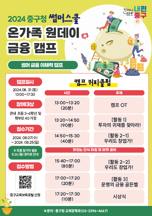 2024 중구청 썸머스쿨 온가족 원데이 금융 캠프  썸머 금융 이해력 캠프  캠프일시 2024년 8월 31일 토요일 13시부터 17시 30분  참여대상 관내 초등 3학년부터 6학년 및 학부모 40가정  접수기간 2024년 8월 7일 수요일부터 2024년 8월 25일 일요일  최종 참가자 발표 8월 26일 월요일 문자로 안내  접수방법 중구교육보육포털 신청  캠프 커리큘럼  시간 13시부터 13시 20분 20분 주제 캠프 오리엔테이션  시간 13시 20분부터 14시 50분 90분 주제 활동 1 투자의 귀재를 찾아라  시간 14시 50분부터 15시 30분 40분 주제 활동 2 1 우리도 창업가  맛있는 간식 타임 및 마켓 준비  시간 15시 40분부터 17시 80분 주제 활동 2 2 우리도 창업가  시간 17시부터 17시 20분 20분 주제 활동 3 운영의 금융 골든벨  시간 17시 20분부터 17시 30분 10분 주제 시상식  문의 중구청 교육정책과 02 3396 4667