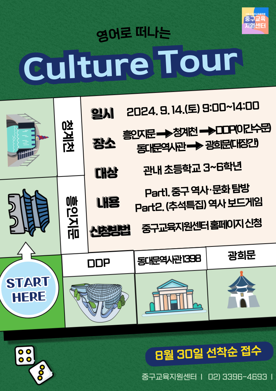 영어로 떠나는 Culture Tour  일시: 2024. 9. 14.(토) 9:00~14:00 장소: 흥인지문 → 청계천 → DDP(이간수문) → 동대문역사관 → 광화문(대중강) 대상: 관내 초등학교 3~6학년 내용: Part 1. 중구 역사·문화 탐방 Part 2. (추석특집) 역사 보드게임 신청방법: 중구교육지원센터 홈페이지 신청 8월 30일 선착순 접수  중구교육지원센터 | 02) 3396-4693