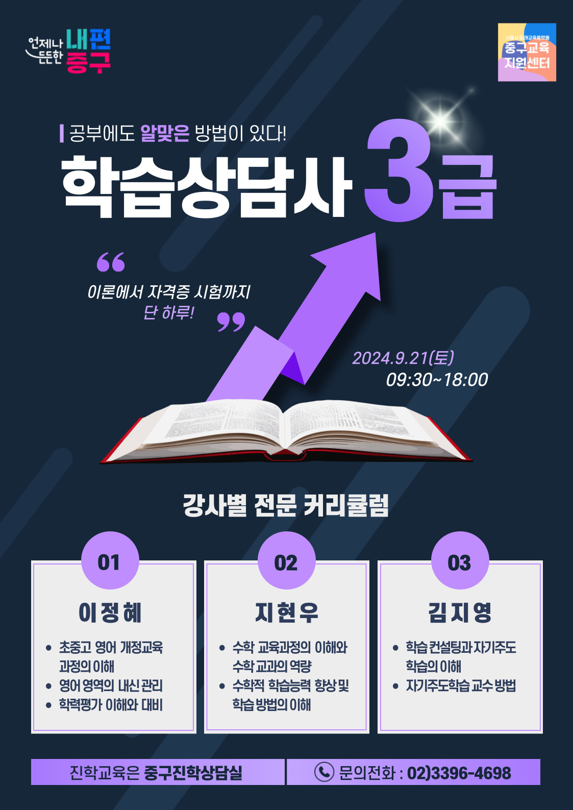 공부에도 알맞은 방법이 있다 학습상담사 3급  이론에서 자격증 시험까지 단 하루  2024년 9월 21일 토요일 09시 30분부터 18시까지  강사별 전문 커리큘럼  01 이정혜 초중고 영어 개정교육 과정의 이해 영어 영역의 내신 관리 학력평가 이해와 대비  02 지현우 수학 교육과정의 이해와 수학교과의 역할 수학적 학습능력 향상 및 학습 방법의 이해  03 김지영 학습 컨설팅과 자기주도 학습의 이해 자기주도학습 교수 방법  진학교육은 중구진학상담실 문의전화 02 3396 4698